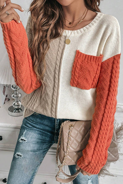 Color Block Round Neck Long Sleeve Boho Sweater - Spirit and Rebel [Spirit and Rebel] Orange S 