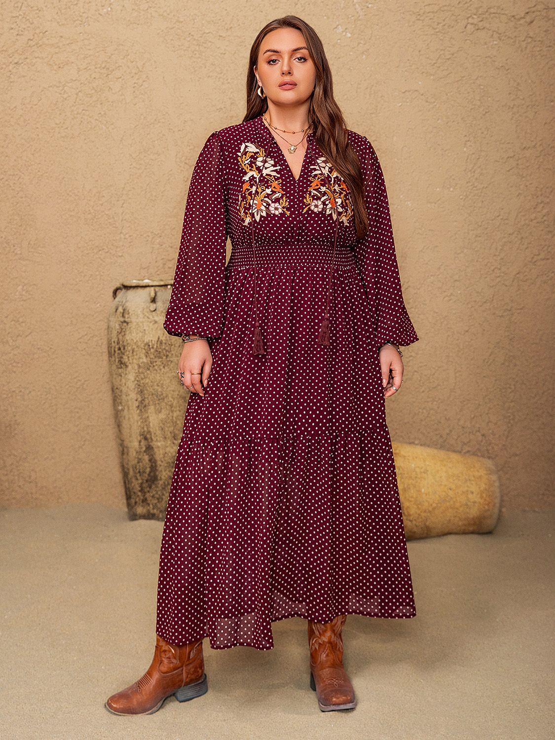 Spirit and Rebel Plus Size Embroidered Polka Dot Tie Neck Long Sleeve Midi Dress [Spirit and Rebel] Burgundy 0XL 