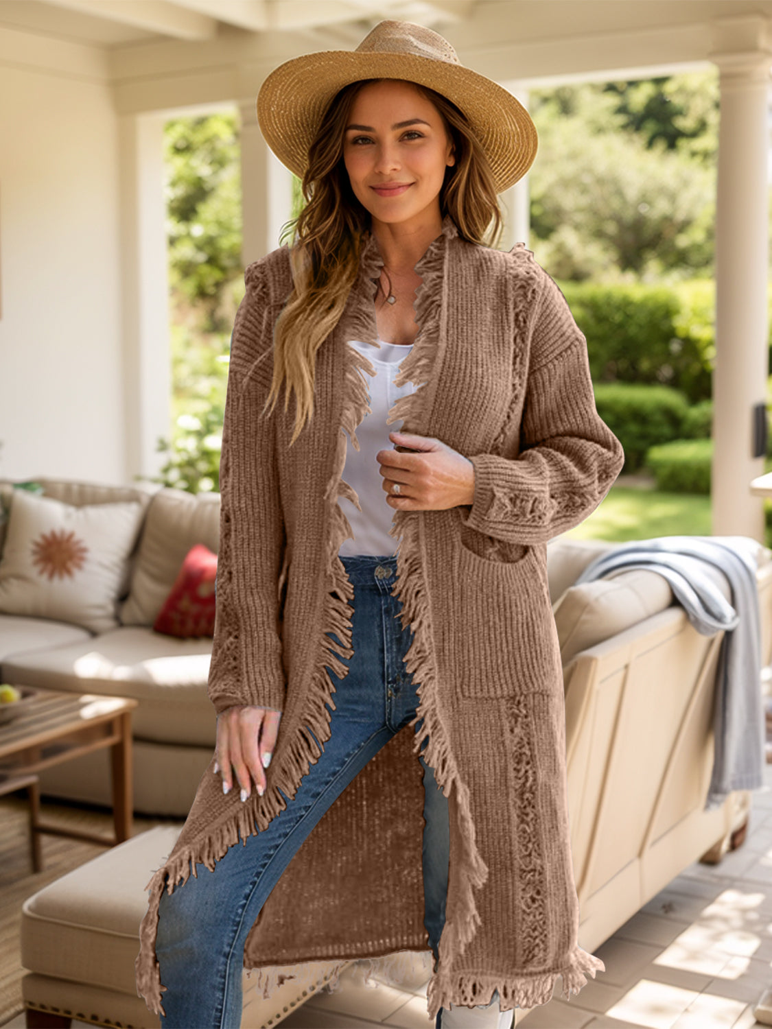 Spirit and Rebel Fringe Open Front Long Sleeve Boho Cardigan [Spirit and Rebel] Camel One Size 