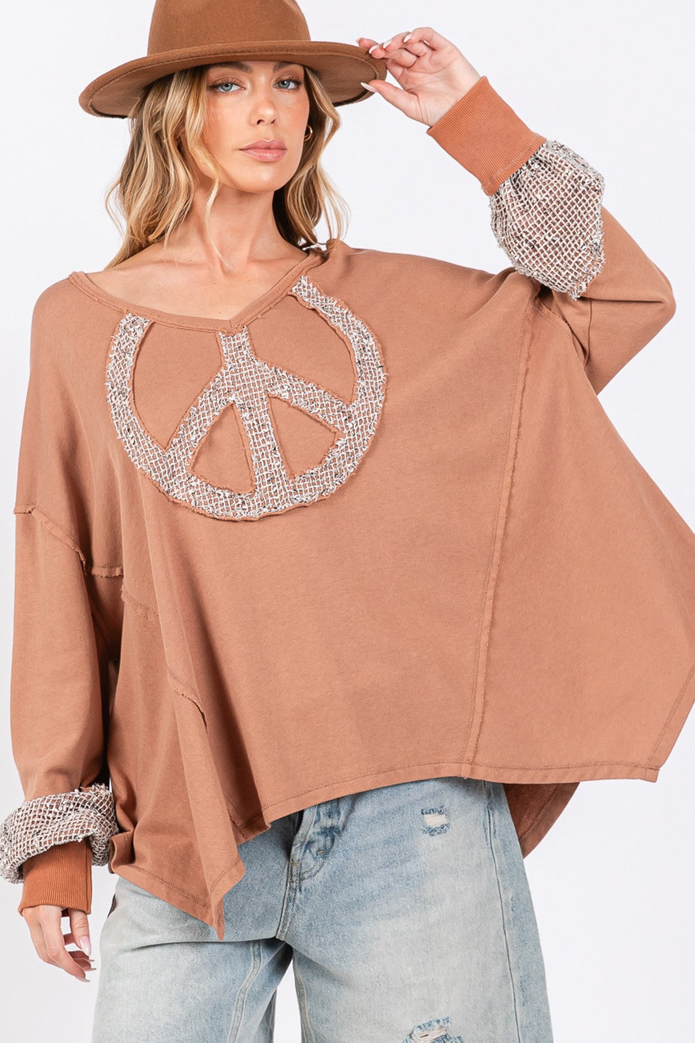 Spirit and Rebel Peace Sign Mineral Wash Terry Boho Top [Spirit and Rebel] Camel S 