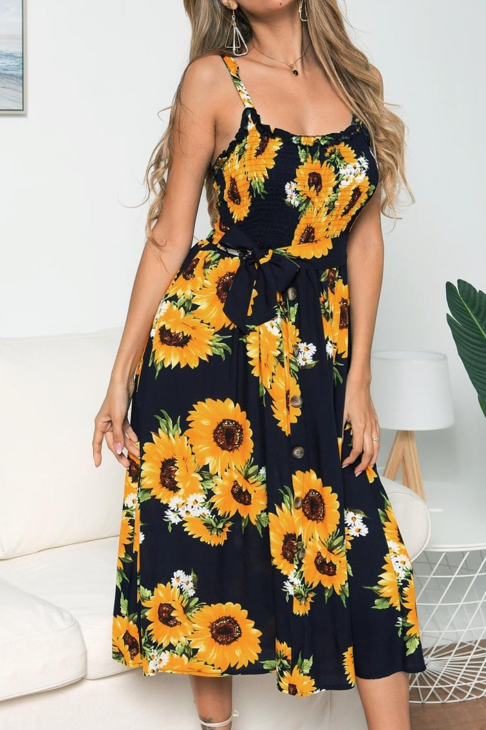 Smocked Sunflower Printed Sleeveless Cami Dress [Spirit and Rebel]   