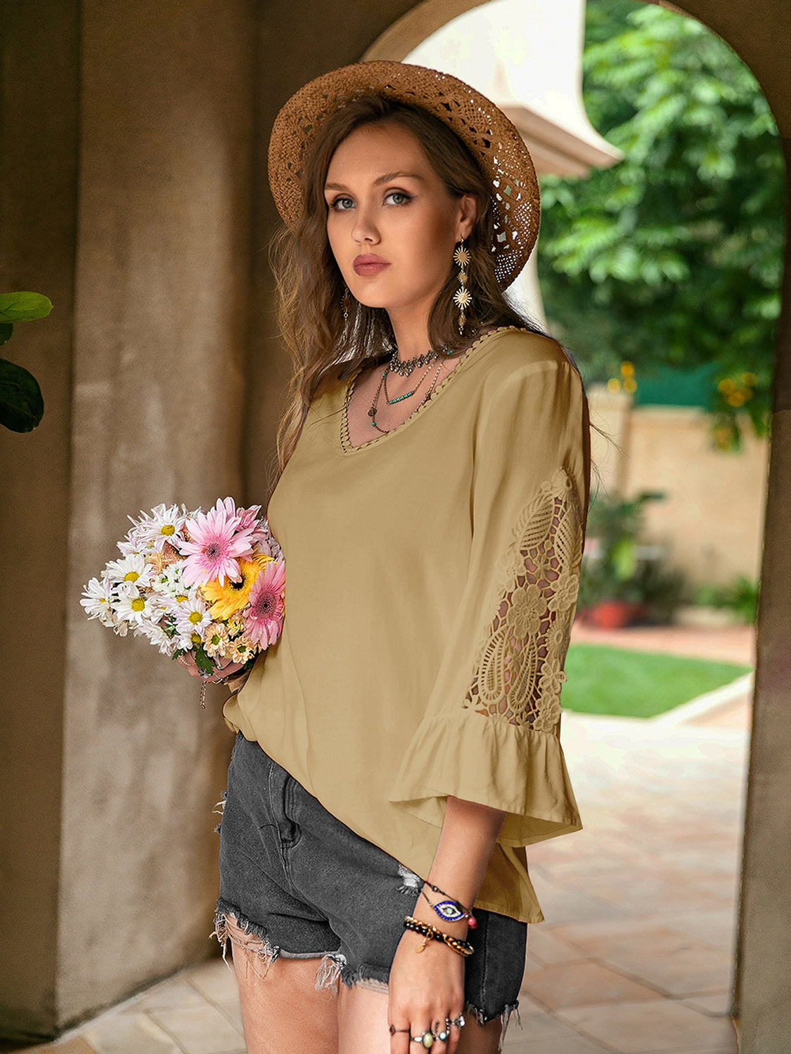 Spirit and Rebel Plus Size Lace Detail V-Neck Flounce Sleeve Bohemian Blouse [Spirit and Rebel]   