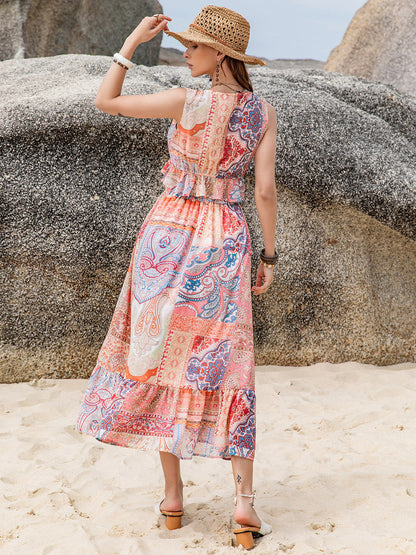 Printed V-Neck Boho Top and Midi Skirt Set - Spirit and Rebel [Spirit and Rebel]   