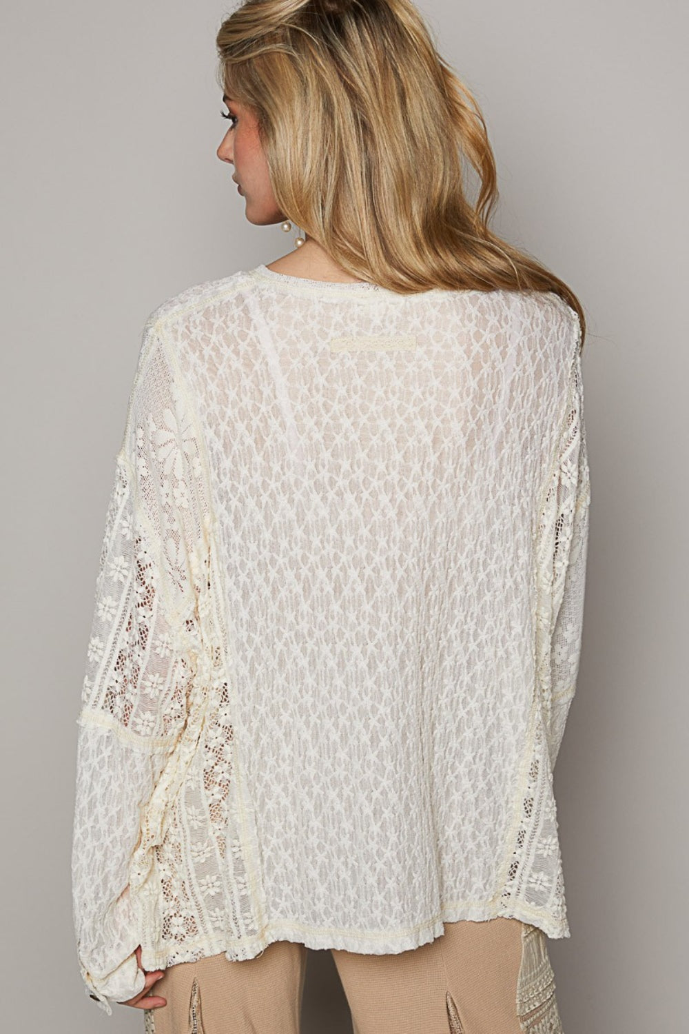 POL Round Neck Long Sleeve Raw Edge Lace Top [Spirit and Rebel]   