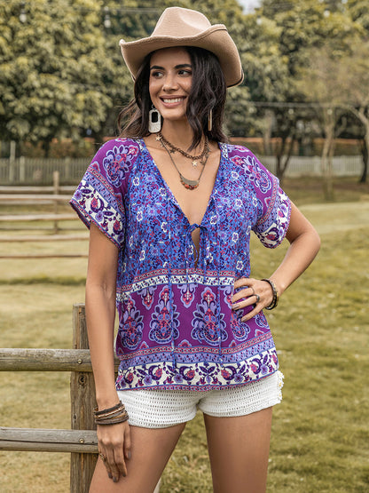 Printed Tie Neck Short Sleeve Boho Blouse - Spirit and Rebel [Spirit and Rebel] Blue Purple S 