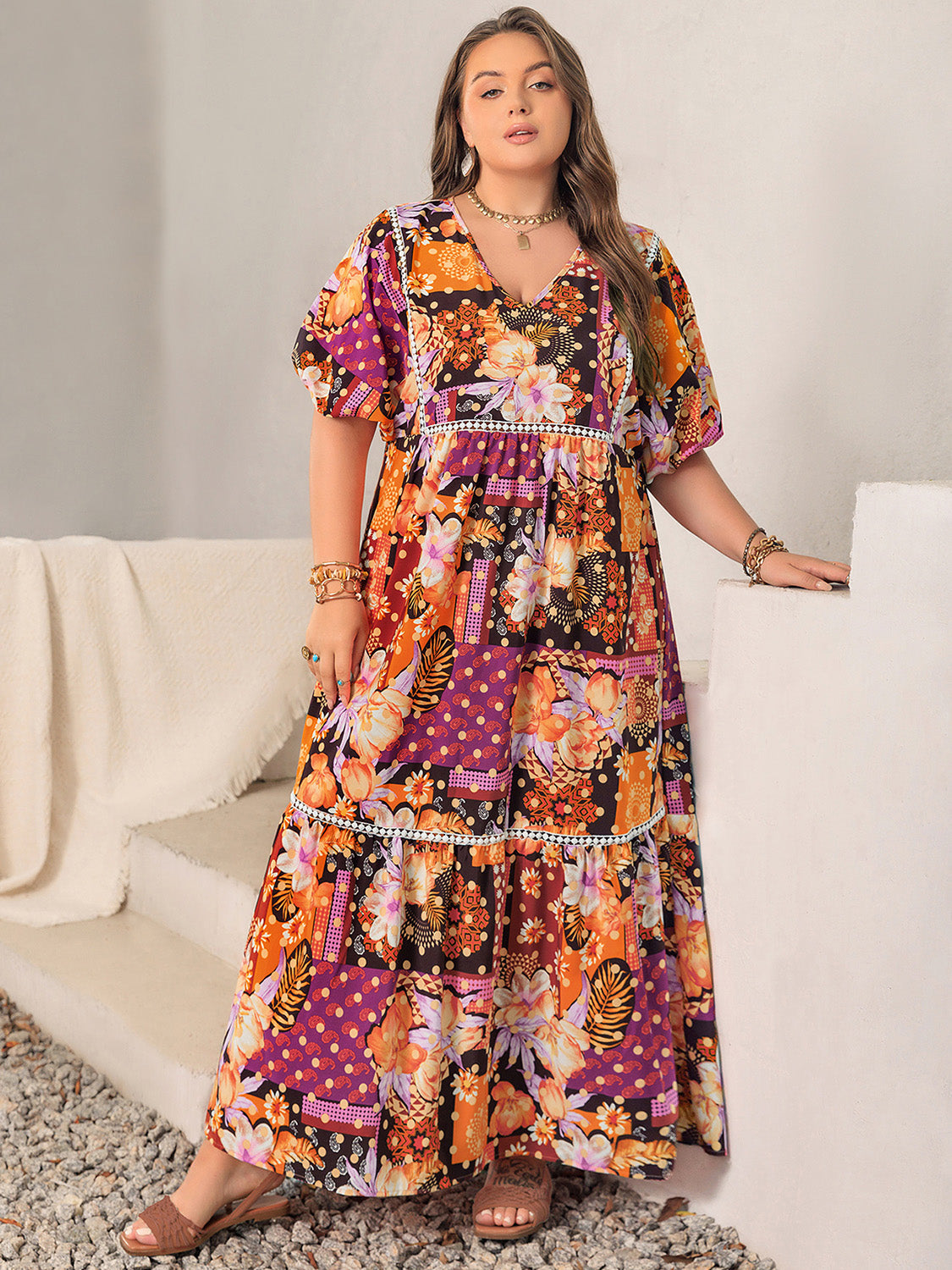 Plus Size Printed V-Neck Half Sleeve Maxi Boho Dress - Spirit and Rebel [Spirit and Rebel]   