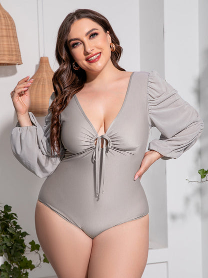 Plus Size Tied Deep V Balloon Sleeve One-Piece Swimsuit [Spirit and Rebel] Light Gray 2XL