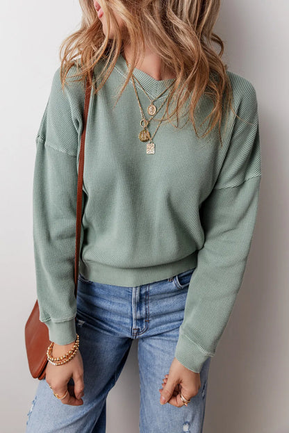 Spirit and Rebel Waffle-Knit Long Sleeve Dropped Shoulder Boho Top [Spirit and Rebel] Sage S 