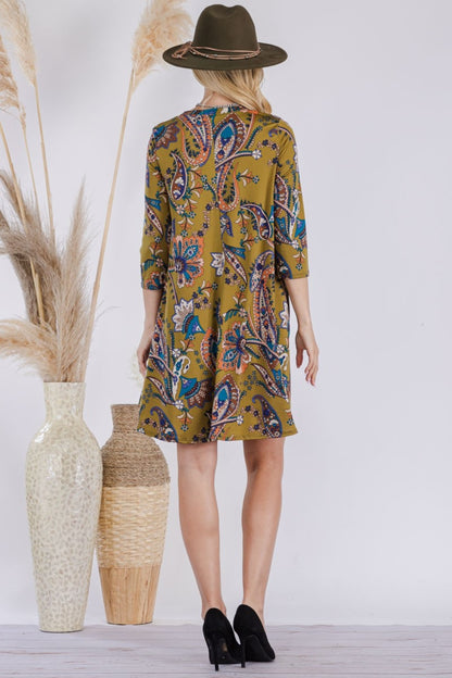 Plus Size Paisley Print Round Neck Dress with Pockets - Spirit and Rebel [Spirit and Rebel]   