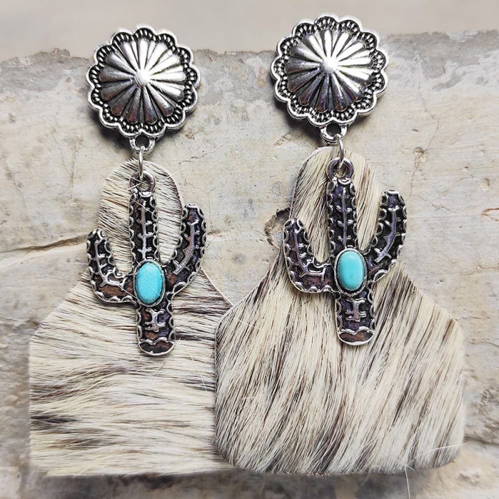 Turquoise Decor Cactus Alloy Boho Western Earrings [Spirit and Rebel] Style F One Size 