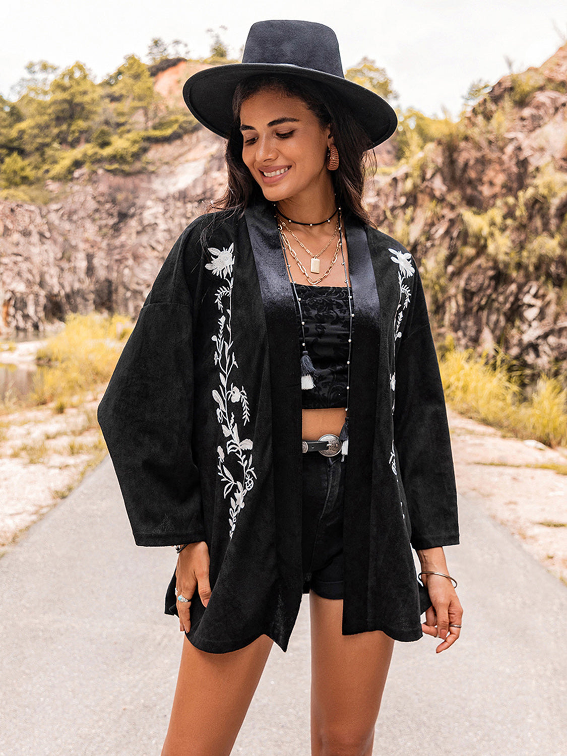 Embroidered Open Front Long Sleeve Boho Cardigan