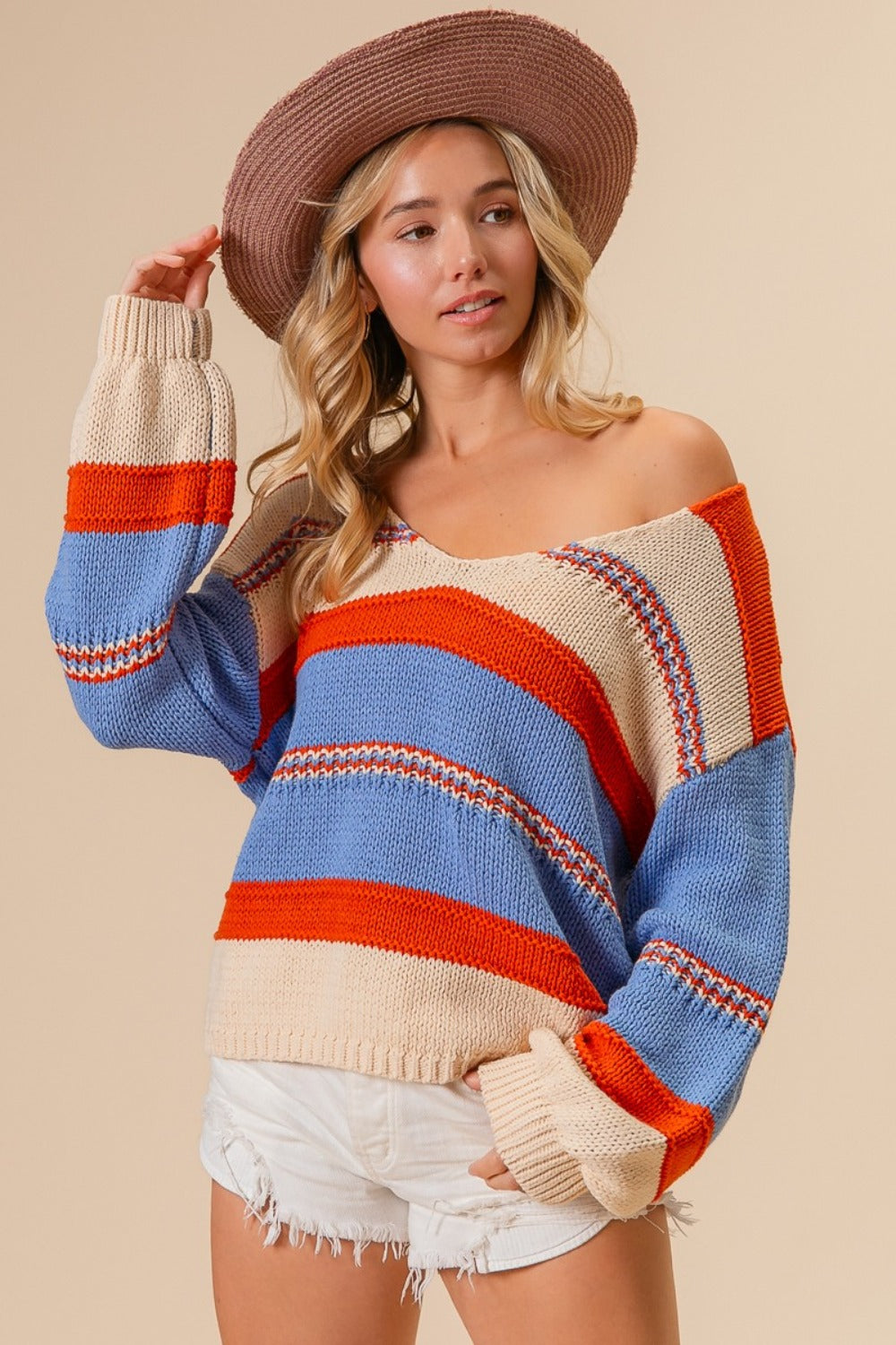 Spirit and Rebel Multi Color Stripe Scoop Neck Boho Sweater [Spirit and Rebel] Rust/Oatmeal/Blue S 