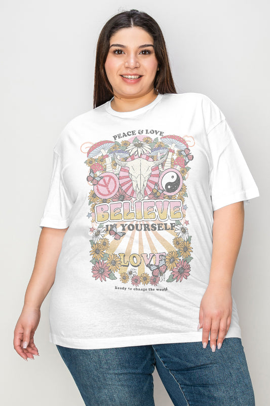 Simply Love Plus Size Peace and Love Graphic T-Boho Shirt - Spirit and Rebel [Spirit and Rebel] White XS 