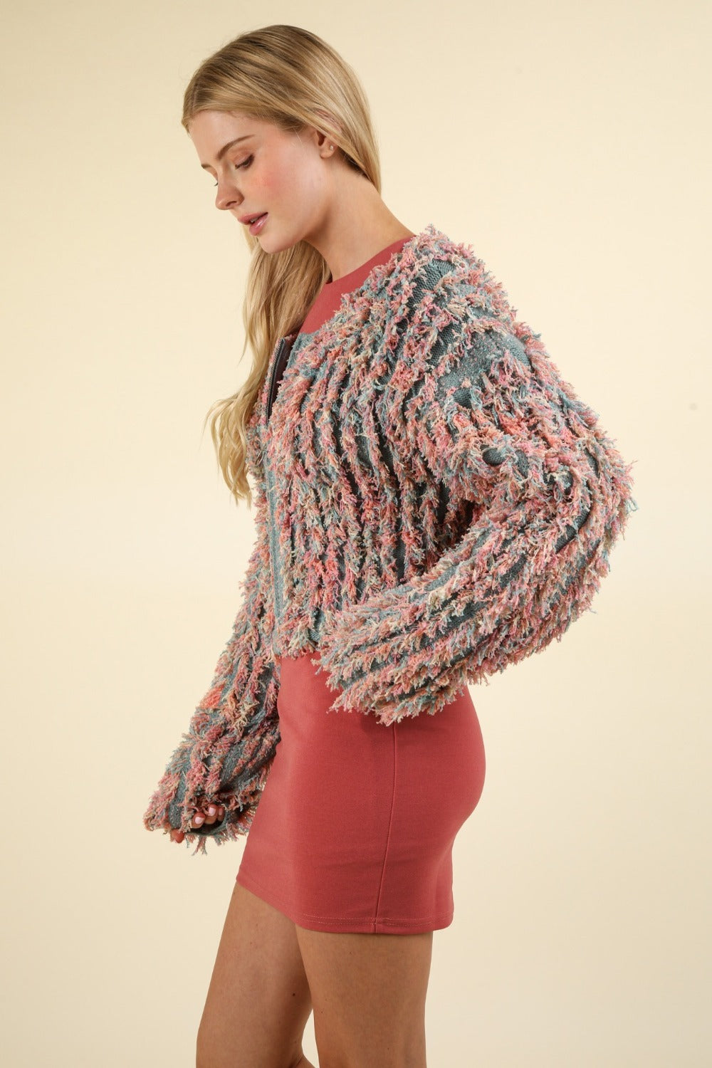 Spirit and Rebel Shaggy Yarn Knit Zip Up Boho Jacket [Spirit and Rebel]   