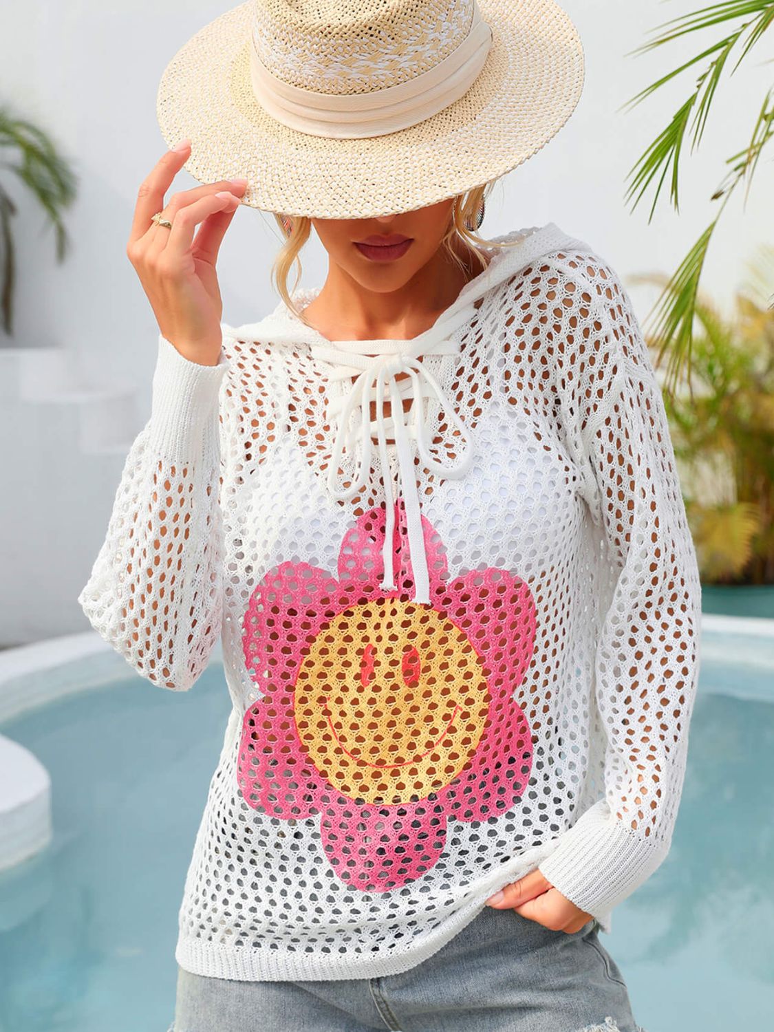 Sunset and Swim Flower Graphic Lace-Up Openwork Hooded Cover Up Sunset and Swim