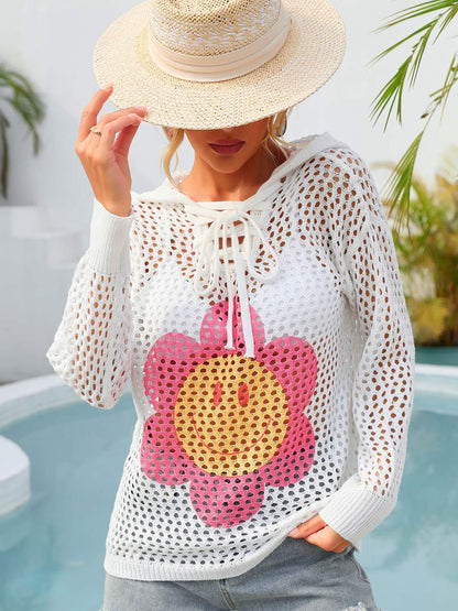 Sunset and Swim Flower Graphic Lace-Up Openwork Hooded Cover Up Sunset and Swim