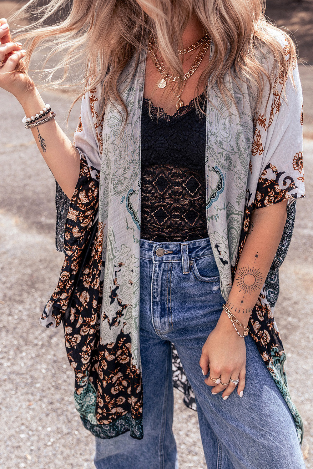 Open Front Printed Half Sleeve Boho Cover Up [Spirit and Rebel]   