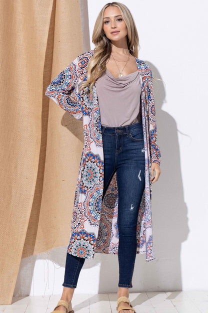 Spirit and Rebel Printed Kimono Open Front Longline Boho Cardigan [Spirit and Rebel]   