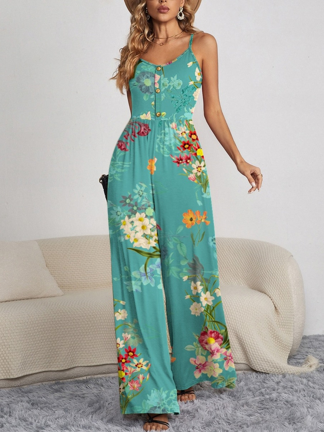 Boho Chic  Decorative Button Spaghetti Strap Wide Leg Jumpsuit [Spirit and Rebel] Teal S 