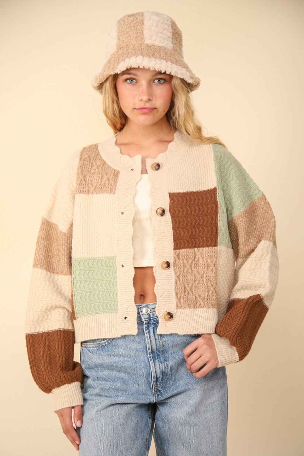 Spirit and Rebel Color Block Button Down Textured Boho Sweater Cardigan [Spirit and Rebel] Oatmeal S 