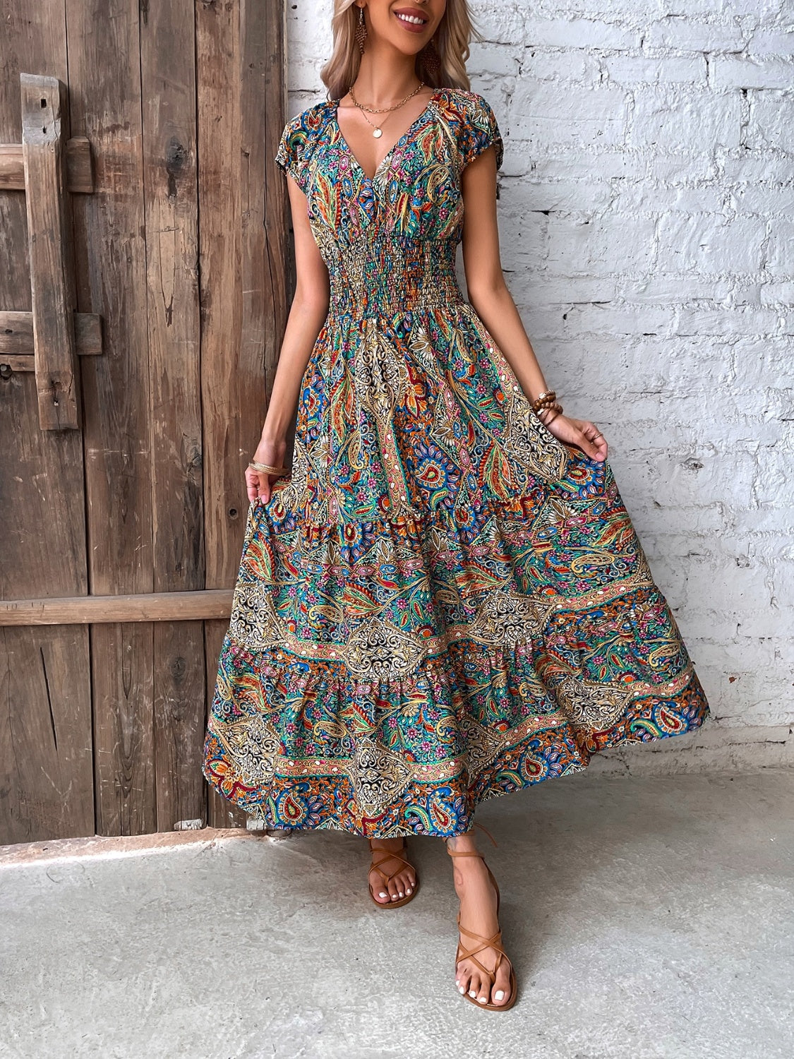 Smocked Printed Cap Sleeve Midi Boho Dress [Spirit and Rebel]   