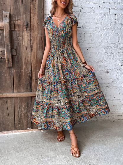 Smocked Printed Cap Sleeve Midi Boho Dress [Spirit and Rebel]   