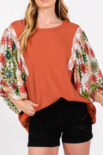 Printed Round Neck Balloon Sleeve Blouse [Spirit and Rebel]