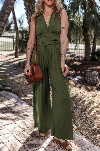 V-Neck Sleeveless Wide Leg Boho Jumpsuit - Spirit and Rebel [Spirit and Rebel]   