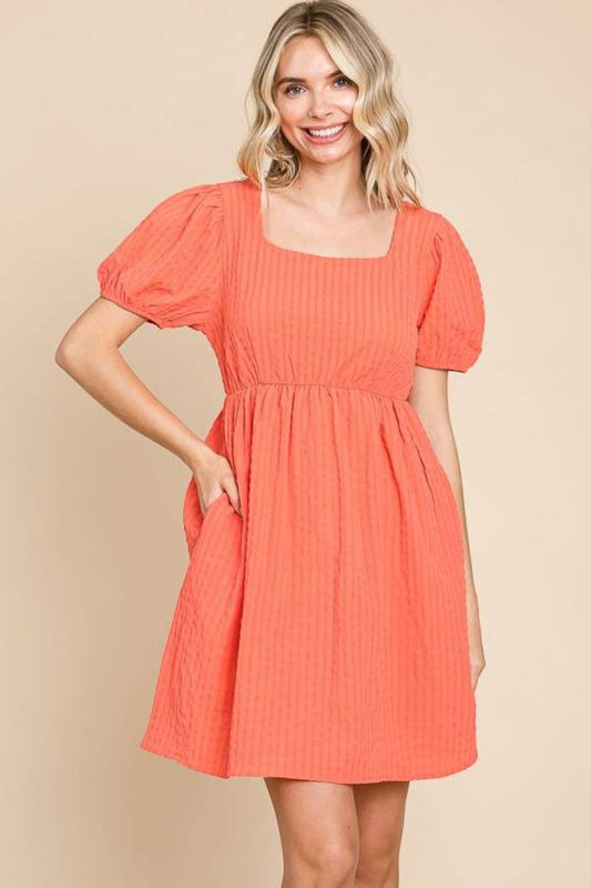 Textured Square Neck Short Sleeve Boho Dress - Spirit and Rebel [Spirit and Rebel] Sugar Coral S 