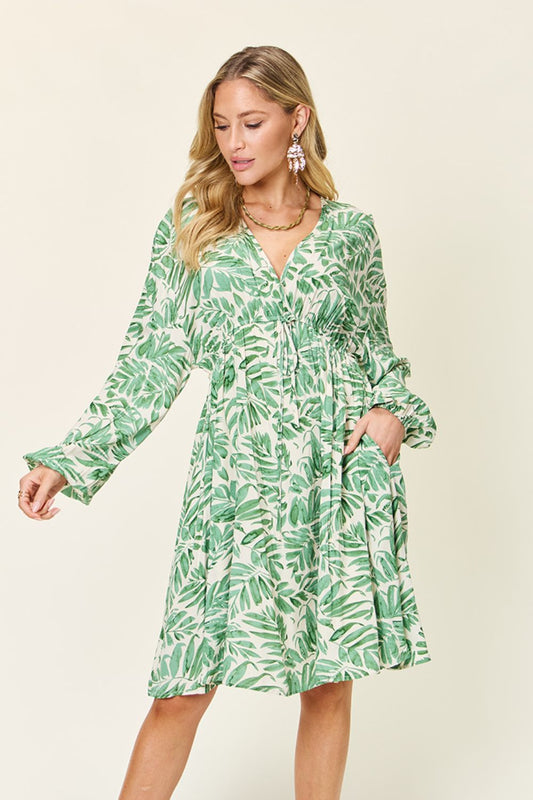 Double Take Plus Size Printed Ruched Balloon Sleeve Boho Dress [Spirit and Rebel] Gum Leaf S 