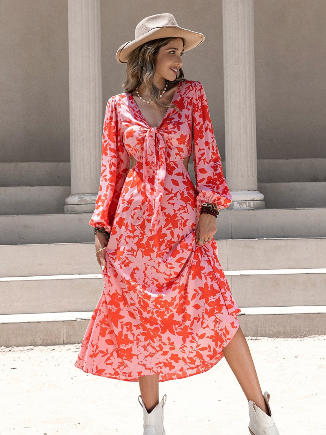 Tied Cutout Printed Long Sleeve Midi Boho Dress - Spirit and Rebel [Spirit and Rebel]   