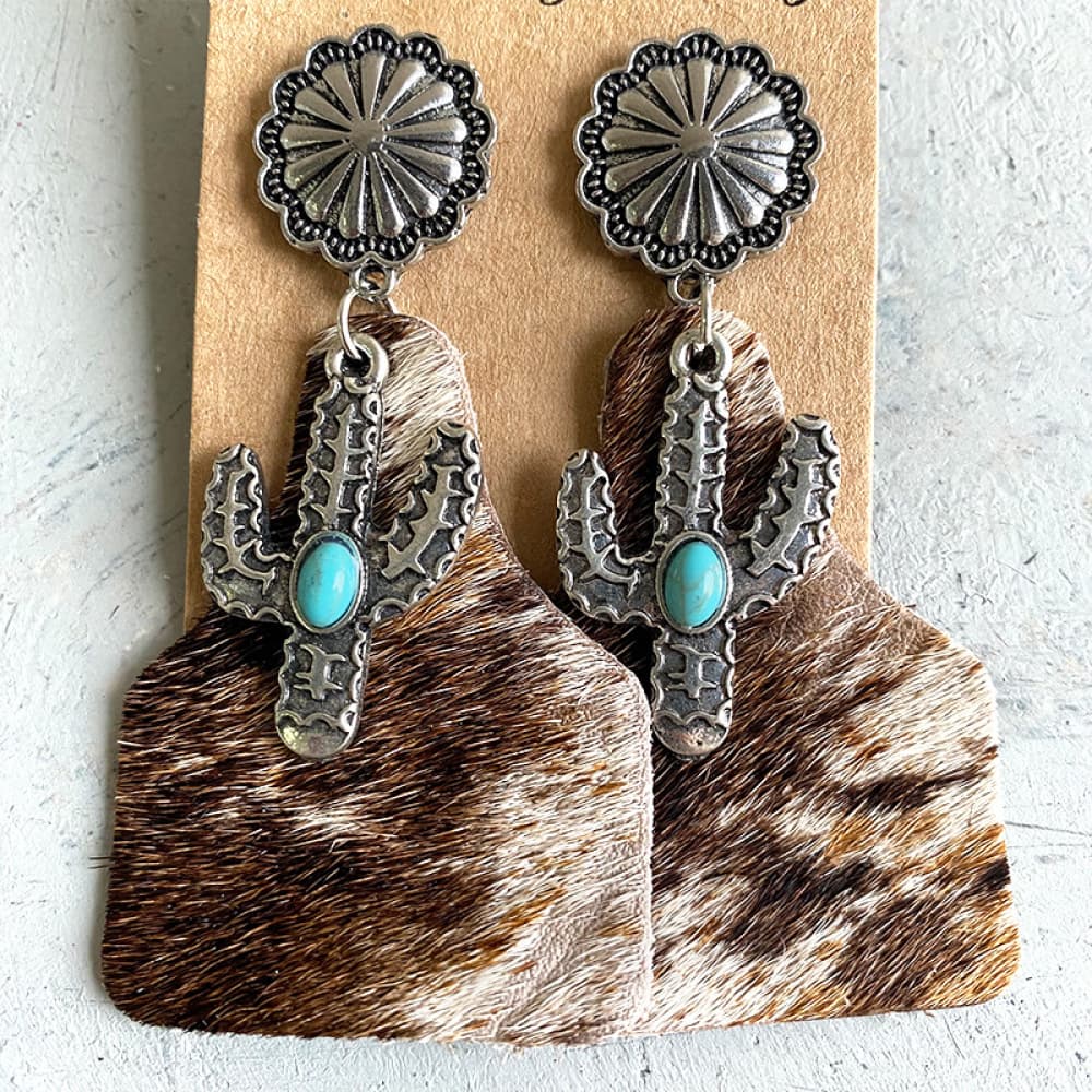 Turquoise Decor Cactus Alloy Boho Western Earrings [Spirit and Rebel] Style A One Size 