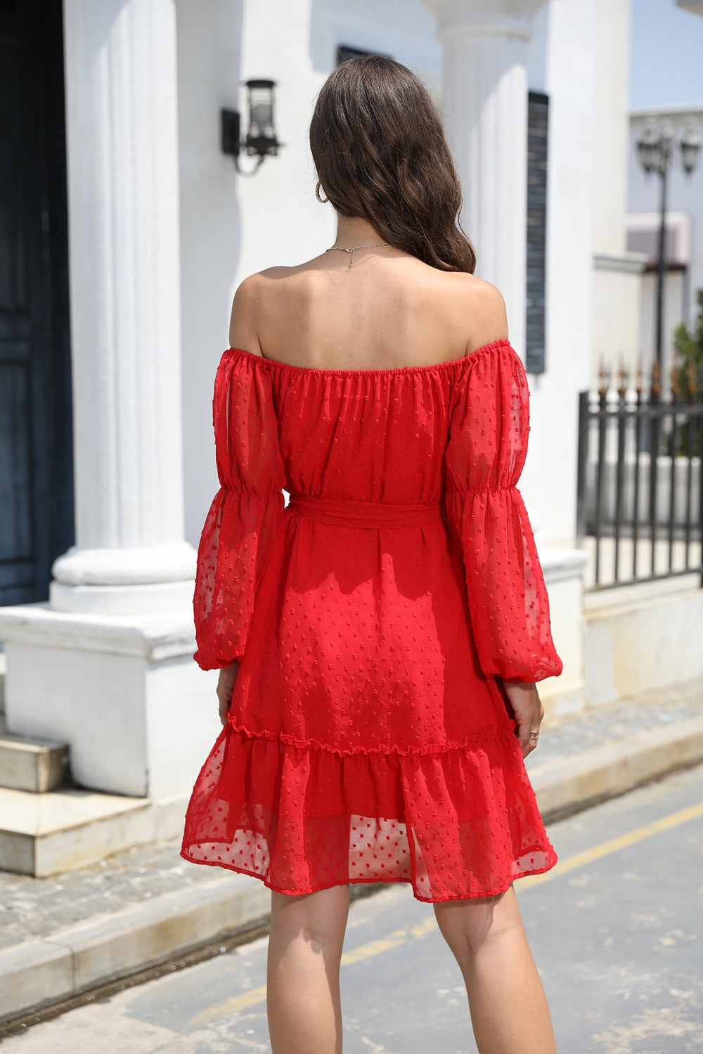 Swiss Dot Off-Shoulder Balloon Sleeve Boho Dress [Spirit and Rebel]   