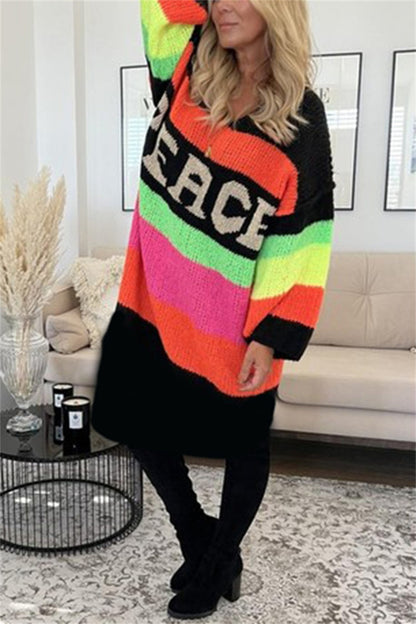 Color Block V-Neck Long Sleeve Boho Sweater Dress - Spirit and Rebel [Spirit and Rebel] Black S/M 