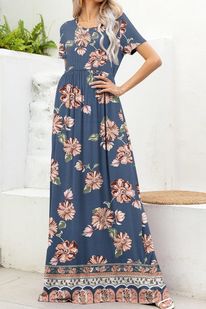 Printed Round Neck Short Sleeve Maxi Boho Dress - Spirit and Rebel [Spirit and Rebel]   