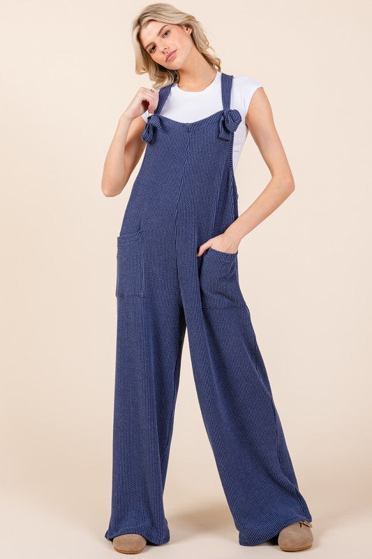 Knot Straps Wide Leg Ribbed Overalls with Pockets [Spirit and Rebel] Navy S