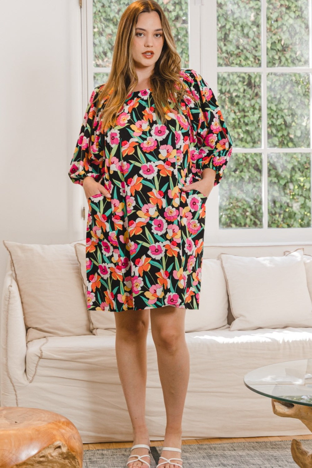 Spirit and Rebel Plus Size Floral Puff Sleeve Boho Mini Dress [Spirit and Rebel]   