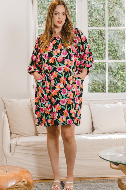 Spirit and Rebel Plus Size Floral Puff Sleeve Boho Mini Dress [Spirit and Rebel]   