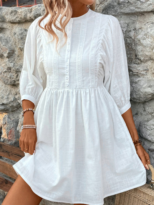 Lace Detail Half Button Three-Quarter Sleeve Boho Cottagecore Dress [Spirit and Rebel] White S 