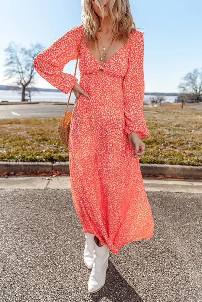 Spirit and Rebel Printed V-Neck Long Sleeve Midi Dress [Spirit and Rebel]   