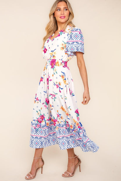 Printed Notched Short Sleeve Tiered Boho Dress - Spirit and Rebel [Spirit and Rebel]   