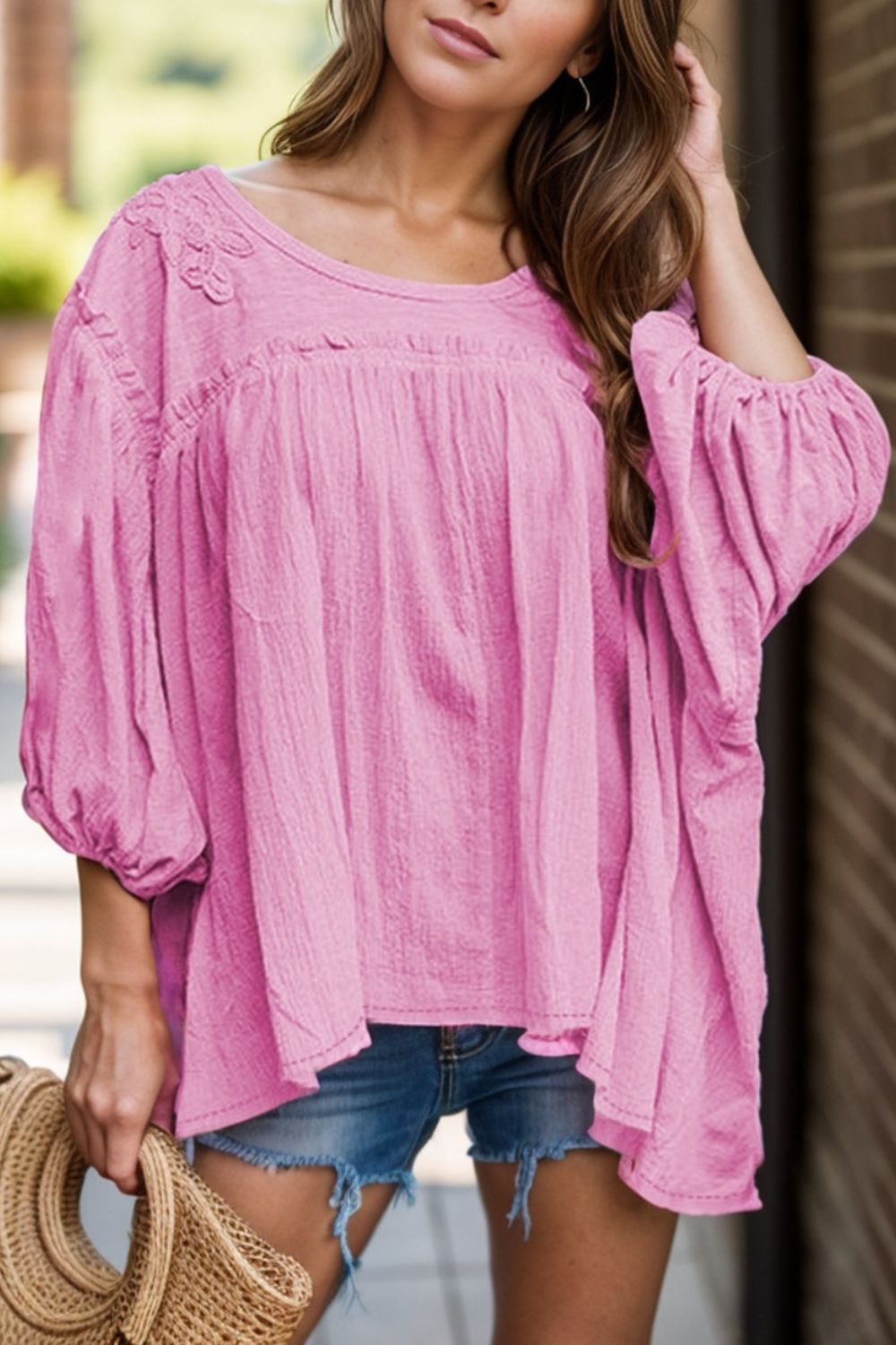 Dropped Shoulder Round Neck Bohemian Blouse - Spirit and Rebel [Spirit and Rebel] Pink S 