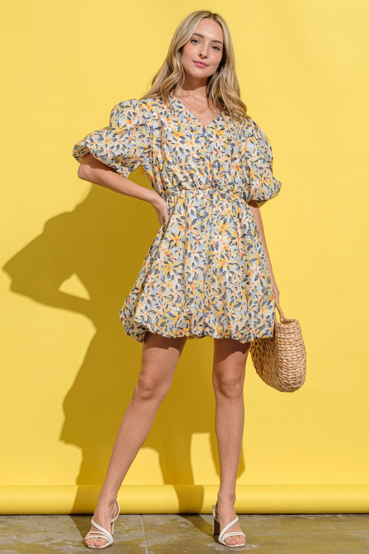 Plus Size Floral Surplice Puff Sleeve Dress - Spirit and Rebel [Spirit and Rebel] Yellow Multi S 