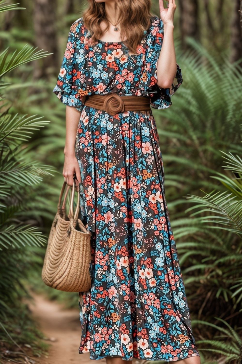 Tied Printed Round Neck Half Sleeve Boho Dress [Spirit and Rebel] Floral S 