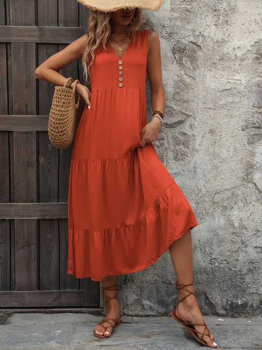 Decorative Button Notched Sleeveless Boho Dress - Spirit and Rebel [Spirit and Rebel] Orange-Red S 