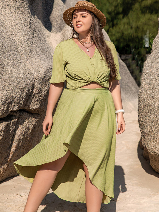 Plus Size V-Neck Half Sleeve Boho Top and High-Low Boho Skirt Set - Spirit and Rebel [Spirit and Rebel] Yellow-Green 0XL 