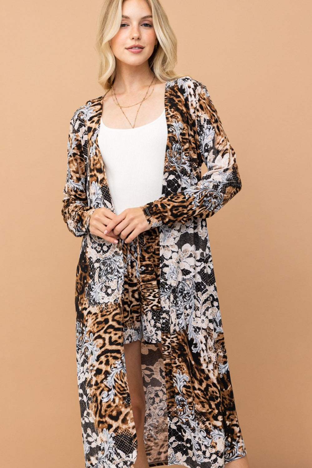 Spirit and Rebel Leopard Kimono Open Front Longline Boho Cardigan [Spirit and Rebel]   