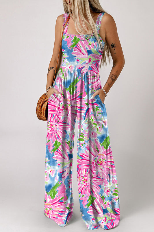 Spirit and Rebel Floral Smocked Square Neck Boho Jumpsuit with Pockets [Spirit and Rebel] Floral S 