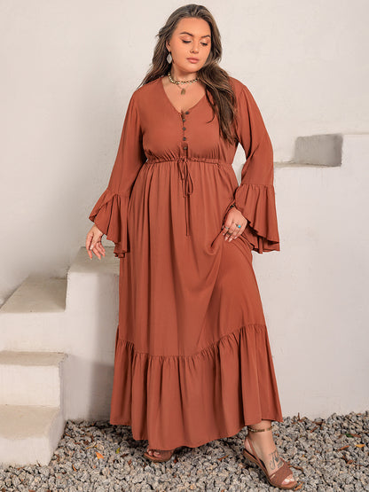 Plus Size V-Neck Flare Sleeve Maxi Boho Dress - Spirit and Rebel [Spirit and Rebel]   