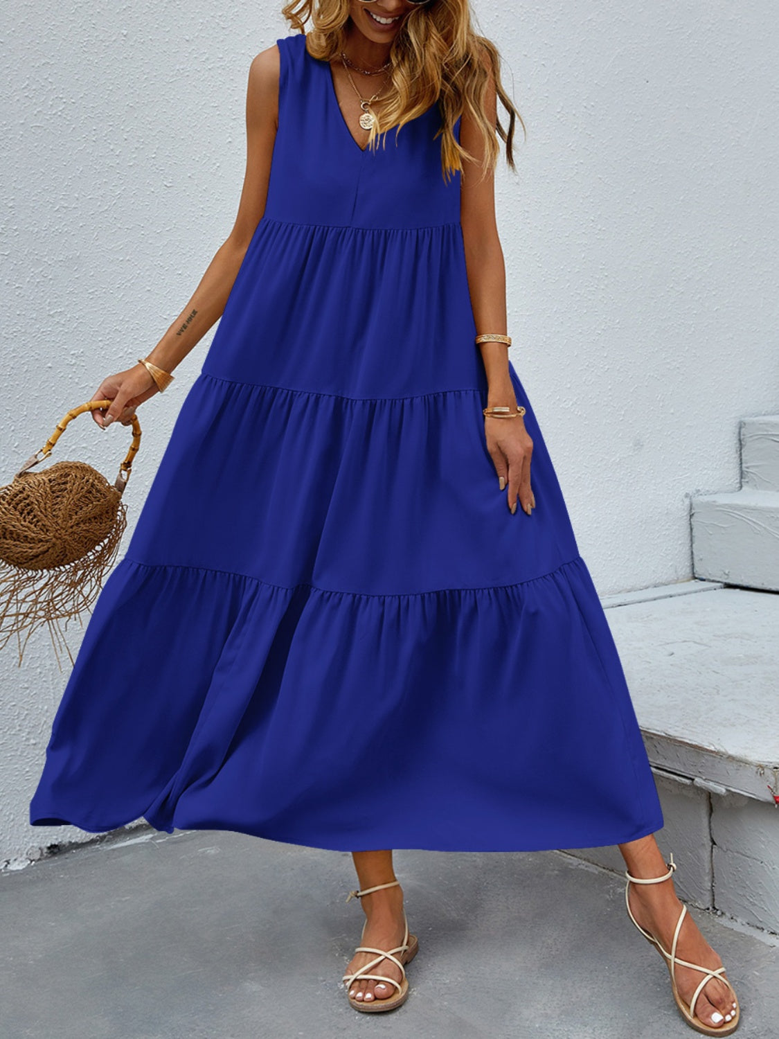 Boho Chic  Tiered V-Neck Sleeve Dress [Spirit and Rebel] Royal  Blue S 